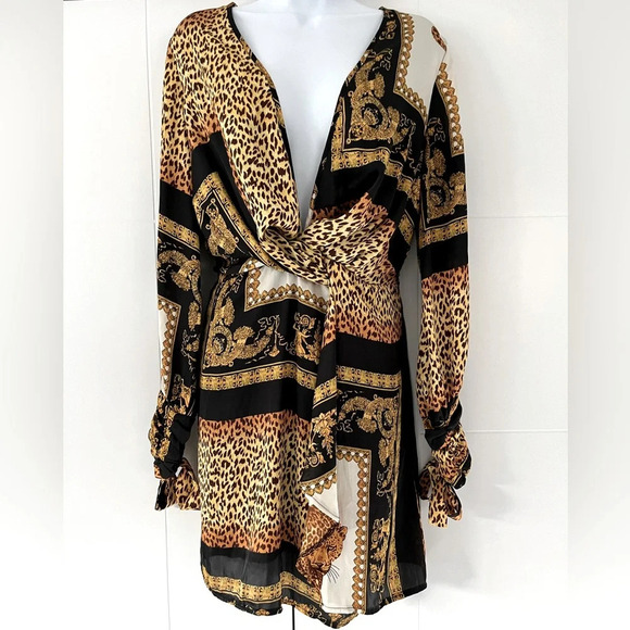 NWT Boohoo/ 🐆Stunning leopard chain ⛓️‍💥/ Woven  twist/ MIDI dress/ Size US 10 - Picture 1 of 16